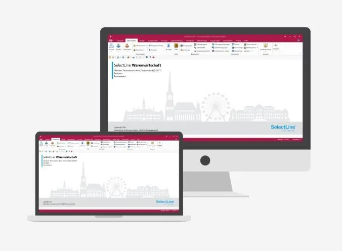Desktop- und Laptop-Mockup mit SelectLine Software; ERP-Oberfläche auf beiden Bildschirmen.