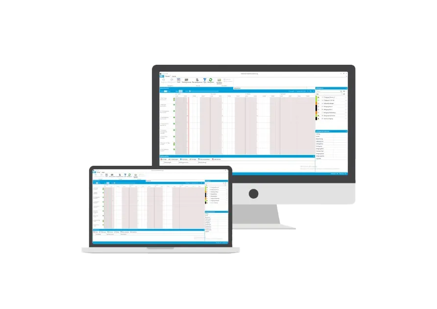 Mehrgeräte-Ansicht: Desktop, Tablet und kleines Display mit SelectLine ERP-Tabellenansicht.